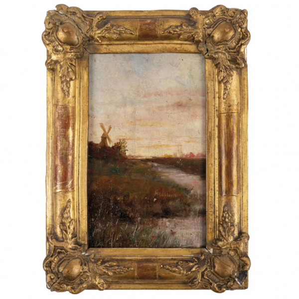 Escuela Europea Ff. S. XIX. "Paisaje holand&eacute;s con molino". &Oacute;leo sobre tabla.