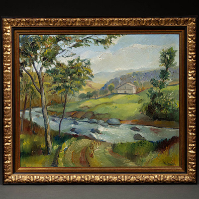 &quot;Paisaje con caserío y río&quot;   IGNACIO ECHANDI (San Sebastián, 1912-1953) 