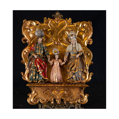 Sagrada Familia en grupo de talla en madera policromada y dorada, escuela portuguesa del siglo XVII. 