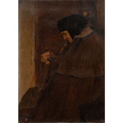 &quot;La Abuela&quot;.  ESCUELA ESPAÑOLA DEL SIGLO XIX-XX.   Firmado: Ilegible.   Técnica: Óleo/Lienzo