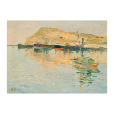 Lluís Graner Arrufí (Barcelona, 1863-1929)  Vista del puerto de Barcelona.  Óleo sobre tela. 