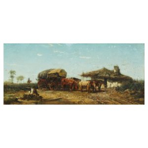 Christian Adolf Schreyer (Frankfurt, Alemania, 1828-Kronberg, Alemania, 1899) Escena rural. Óleo sobre tabla.