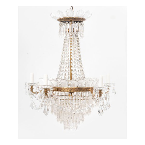 Lámpara de techo de 5 brazos y 4 luces en metal dorado con decoración vegetal y lágrimas de cristal. Época: S. XX