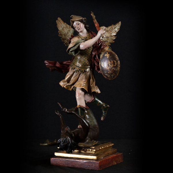 Importante "Arc&aacute;ngel San Miguel sometiendo al Demonio", Escuela Colonial de Quito del siglo XVIII. 