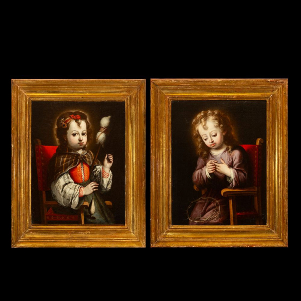 Atribuidos a Josefa de Ayala (1630-1684) &quot;Virgen del Huso&quot; y &quot;Santo Niño de la Espina&quot;.   Escuela barroca portuguesa del siglo XVII, pareja de óleos sobre lienzo.