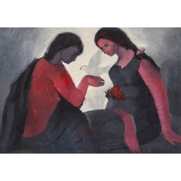 JOSÉ BARCELÓ ALBADALEJO  (Cartagena, Murcia 1923 - Bilbao 2001) "Jóvenes con paloma" Firmado: José Barceló 81 Óleo / Lienzo 