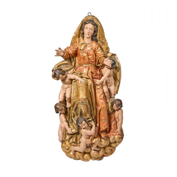 Taller de Juan Bazcardo (Caparroso, Navarra, 1584-1653)  Virgen en Gloria.  Escultura en madera tallada y policromada. 