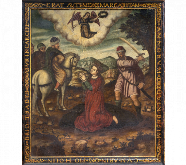 ESCUELA ALTO PERÚ, FF. SIGLO XVII Santa Margarita  Óleo sobre lienzo (sin reentelar). 104 x 87,5 cm.