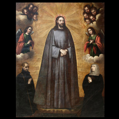 Diego Valentín Díaz, Escuela Barroca Española del siglo XVII - Cristo en Majestad con Ángeles y Santos.    Óleo sobre lienzo.