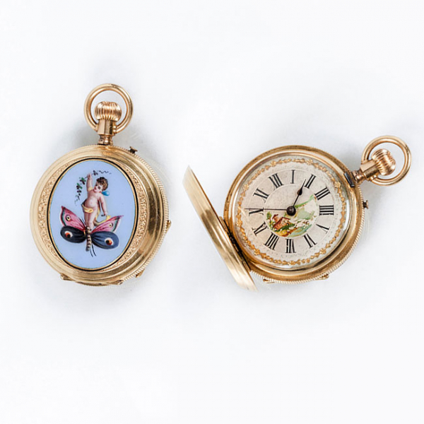 Reloj lepine suizo, de dama, BOREL - Geneve, en caja de tres tapas de oro amarillo 18 K (n&ordm; 11720418) con bellos esmaltes