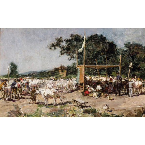 Francisco Pradilla Ortiz. "Ganado". &Oacute;leo sobre tabla. Firmado y localizado (Roma) 
