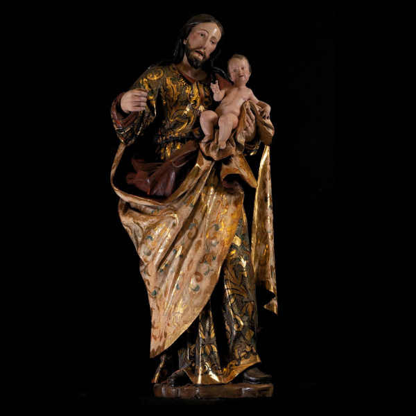 Gran San José con Niño en talla, trabajo colonial Novohispano de finales del siglo XVII. 