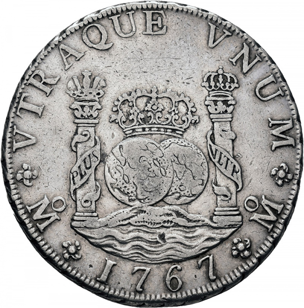 Moneda 1767 Carlos-III Mexico MF 8 Reales M.B.C.
