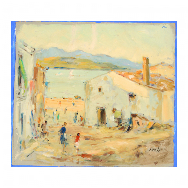 Joaquim Mir Trinxet (Barcelona, 1873-1940)  Vista de pueblo costero.  Óleo sobre tela adherida a tabla. Firmado. 