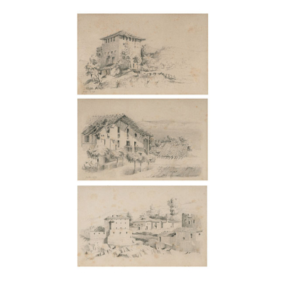 DAR&Iacute;O DE REGOYOS Y VALD&Eacute;S (Atribuido)   "Paisaje con casa Torre ; Caser&iacute;o y Paisaje rural (3 obras) "  