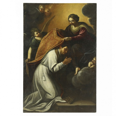 Escuela española s.XVII &quot;La imposición de la casulla a san Ildefonso&quot;.   Óleo sobre lienzo. Pintura de época con restauraciones.