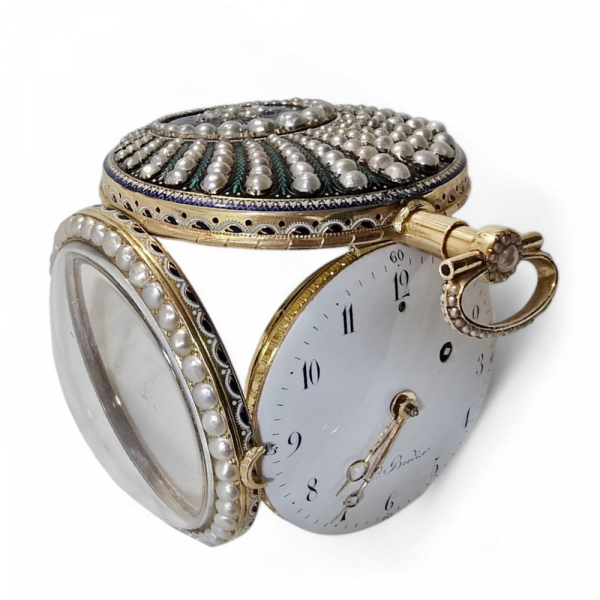 Reloj de bolsillo "Catalino" de Leonard Bordier, en oro de 18 quilates con perlas y esmalte del siglo XVIII.