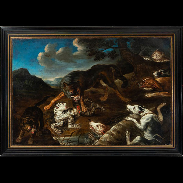 Escena de Caza, escuela flamenca de Paul de Vos del siglo XVII.