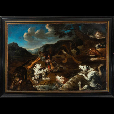 Escena de Caza, escuela flamenca de Paul de Vos del siglo XVII.
