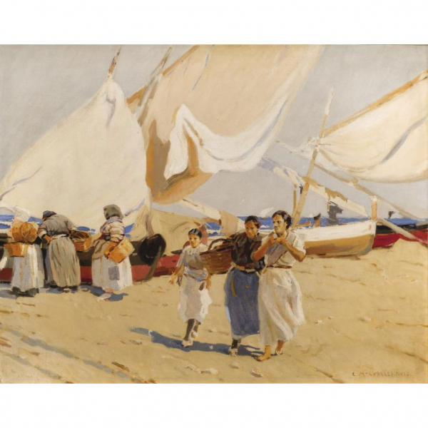 Enrique Mart&iacute;nez Cubells Ruiz. "Mujeres en la playa". &Oacute;leo sobre lienzo. Firmado en el &aacute;ngulo inferior derecho.
