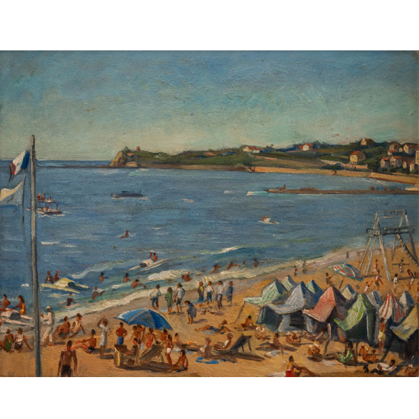 "Playa de San Juan de Luz" GASPAR MONTES ITURRIOZ Óleo/Cartón, h. 1940