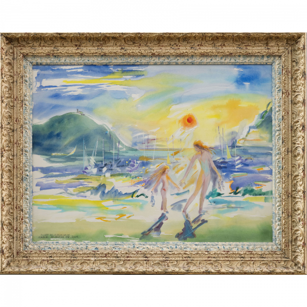 "Paseando en la orilla de la playa de San Sebastián".  RAFAEL MUNOA (San Sebastián, 1930 -2012).   Técnica: Acuarela/papel