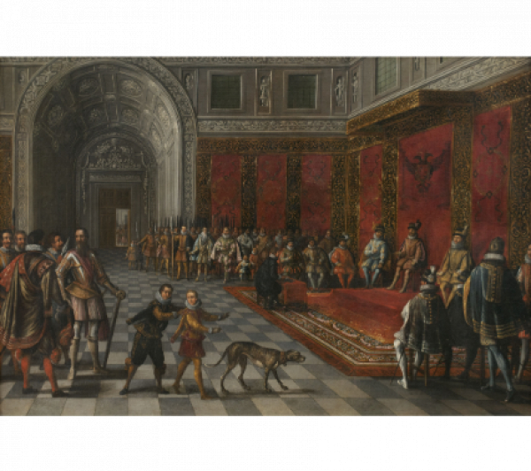 JUAN DE LA CORTE (c. 1585-1662).  La Dieta de Augsburgo; Sesión del Consejo presidida por Carlos V con el Duque de Alba.   Óleo sobre lienzo
