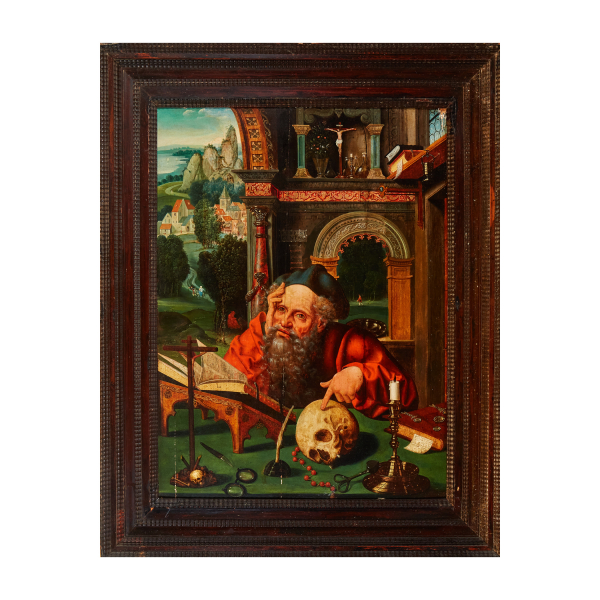 Atribuido a Joos van Cleve (Cleves, Alemania, 1485-Amberes, Bélgica, 1540)  San Jerónimo en meditación.  Óleo sobre tabla. 
