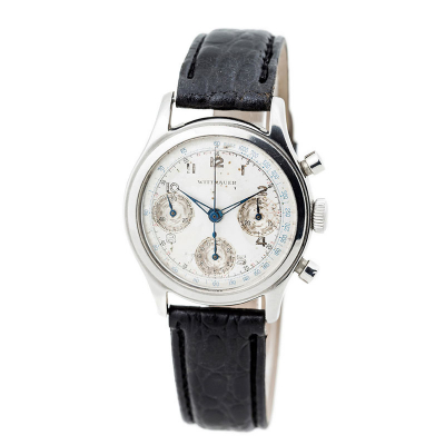 Reloj cronógrafo vintage, cab., suizo WITTNAUER Chronograph Valjoux 72, en caja original, 34 mm. Movimiento mecánico de carga manual, calibre 13 W, escape de áncora, rubíes.