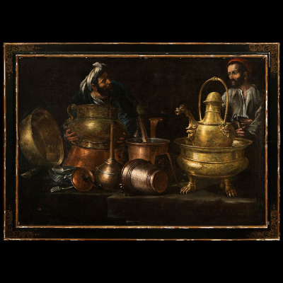 Los Vendedores de Ollas, magnífico gran bodegón atribuído a Giovanni Battista Recco, escuela italiana del siglo XVII.