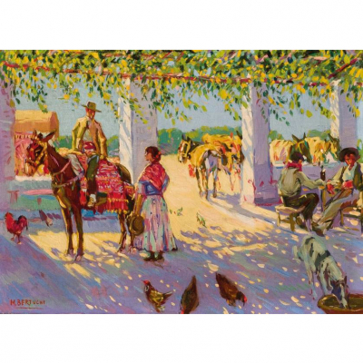 Mariano Bertuchi.  "Parada en la venta". &Oacute;leo sobre lienzo. Firmado 