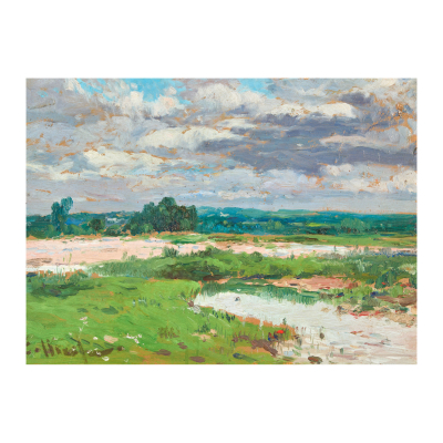 Eliseo Meifrén i Roig (Barcelona, 1859-1940) Paisaje fluvial. Óleo sobre tabla. Firmado.