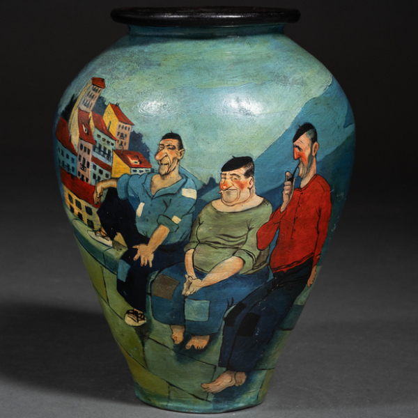 "Aldeanos vascos sentados en el muro"  PEDRO ANTQUERA AIZPIRI (1892-1975).  Cerámica pintada a mano.