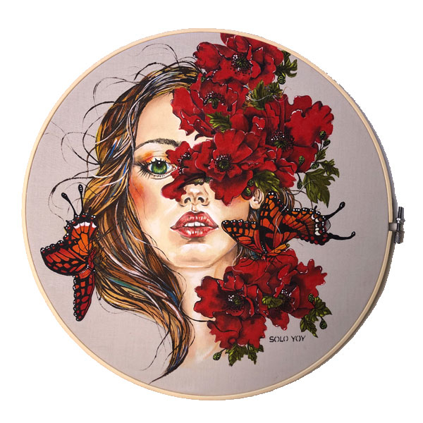 SOLO YOY. "Renacer". Colección Nubla mis ojos y llénalos de flores, 2025.  Arte textil pintado a mano sobre lino, en bastidor.