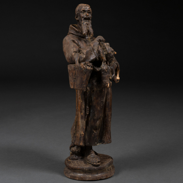 "Vendedor de frutas" Figura en madera tallada y pintada. Siglo XIX