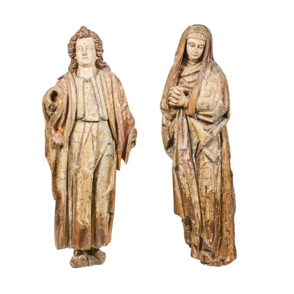 Escuela flamenca, s.XV-XVI.  San Juan y la Virgen.  Monumental pareja de esculturas en madera tallada, dorada y policromada. 