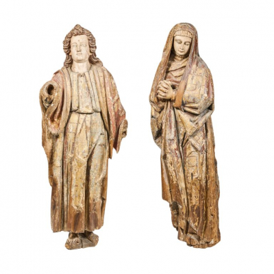 Escuela flamenca, s.XV-XVI.  San Juan y la Virgen.  Monumental pareja de esculturas en madera tallada, dorada y policromada. 