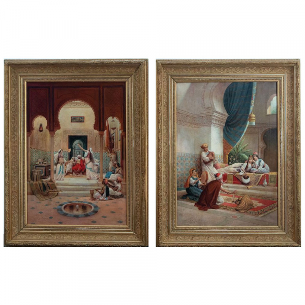 Pareja de Escenas Orientalistas de Harén, José Cala de Moya, Escuela Sevillana del siglo XIX.