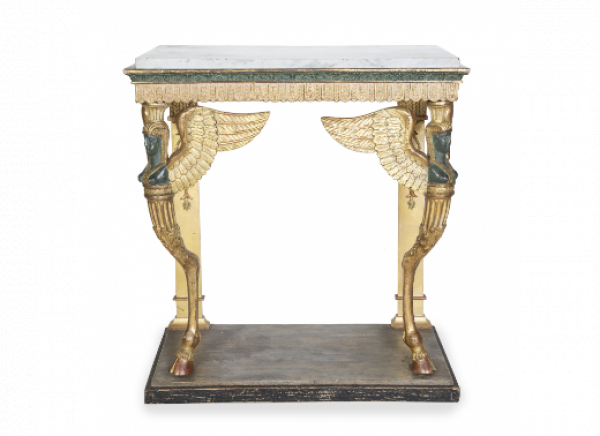 Consola imperio de madera tallada, policromada y dorada.  Trabajo sueco, pp. del S. XIX. 