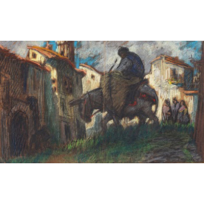 MANUEL LOSADA  (Bilbao 1865 - 1949) &quot;Pueblo rural con mujeres en campesino a lomos del burro &quot;