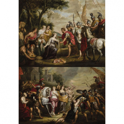 Escuela Flamenca S. XVII.    &quot;Abigail aplacando al Rey David y Sabinas aplacando a los sabinos&quot;. Dos óleos sobre cobre.