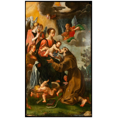 Gran tabla Tardo Renacentista con firma en anagrama. Escuela Italiana. Fin siglo XVI - XVII.