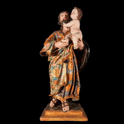 Importante y Grande San José con niño, siglo XVII, escuela colonial Mexicana de Puebla.