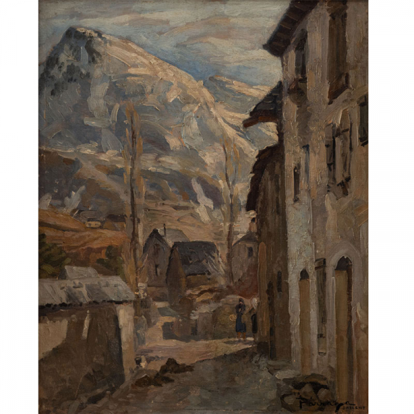"Paisaje con aldeanos".  CIRIACO PÁRAGA (Cantabria, 1902-Bilbao, 1973) 