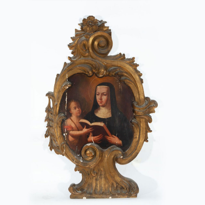 Pareja de tablas representando a "Santa Ana ense&ntilde;ando a leer a la Virgen y San Luis", Escuela Espa&ntilde;ola de los siglos XVII-XVIII.