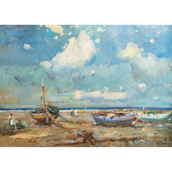 Josep Serrasanta (Buenos Aires, Argentina, 1916-Valldoreix, Barcelona, 1998)  Marina.  &Oacute;leo sobre tela. Firmado.