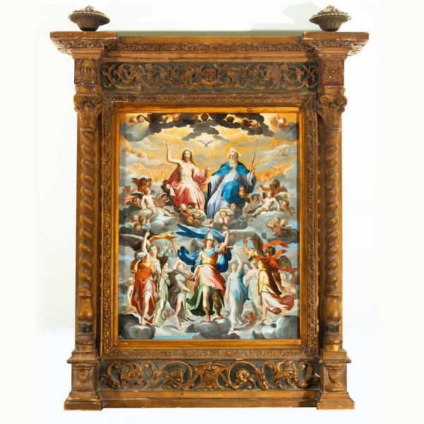 "Arcángel San Miguel Rodeado de Ángeles frente a Dios Padre, Jesucristo y el Espíritu Santo", a la manera de Bernardo Bitti, Escuela posiblemente Colonial Peruana, siglo XVII. 