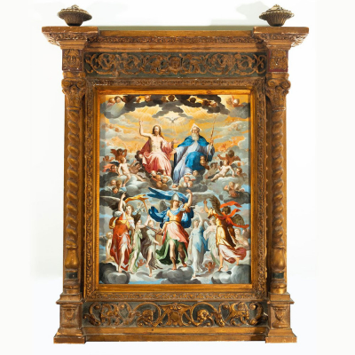 "Arc&aacute;ngel San Miguel Rodeado de &Aacute;ngeles frente a Dios Padre, Jesucristo y el Esp&iacute;ritu Santo", a la manera de Bernardo Bitti, Escuela posiblemente Colonial Peruana, siglo XVII. 