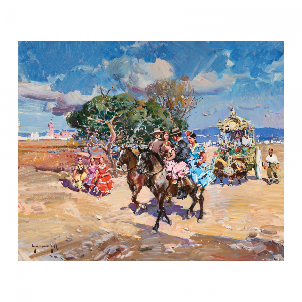 Ignacio Gil Sala (Barcelona, 1913-2003)  Romería.  Óleo sobre tela. Firmado.