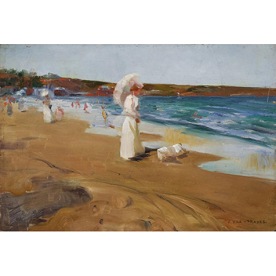 Julio Vila y Prades. (1873 - 1930)   &quot;Escena de playa valenciana&quot;. Óleo sobre tabla. Firmado 